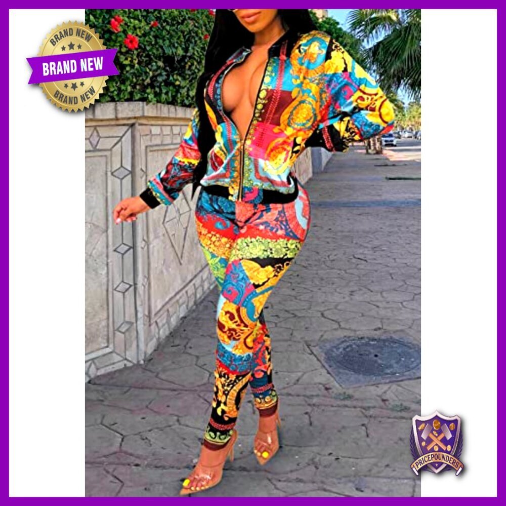 Floral Print 2-Piece Legging Set, Long Sleeve Zipper Jacket, High Waist Bodycon - Picture 4 of 7
